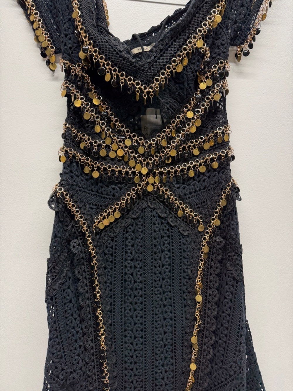 Thurley Indigo Mini Dress Off Shoulder Lace Mesh Metal Chain Black New Size 4 - Picture 3 of 10